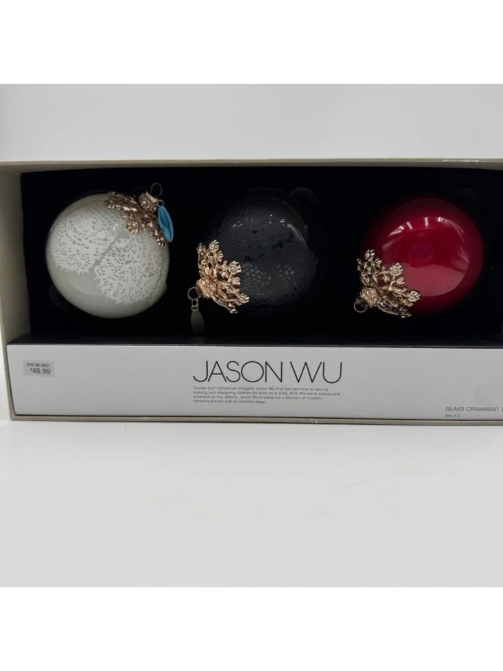 Jason Wu Glass Ornament Set Of 3 Deep Red White Black Gold Accents